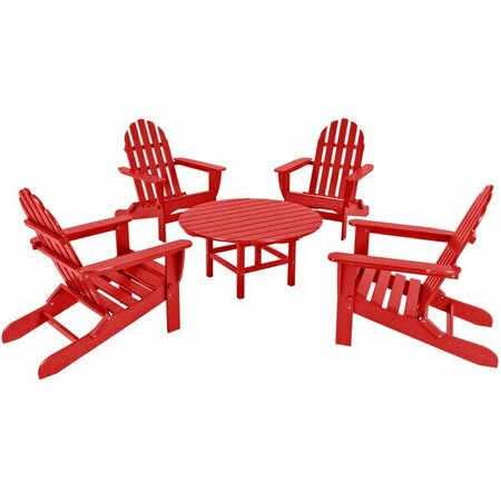 POLYWOOD Classic 5-Piece Sunset Red Patio Set with 4 Folding Adirondack Chairs 633PWS1191SR